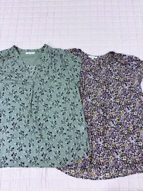 Monday Fun Stitch Fix Bundle -2 Silky Floral Blouse V-Neck Sage Green Purple 2X